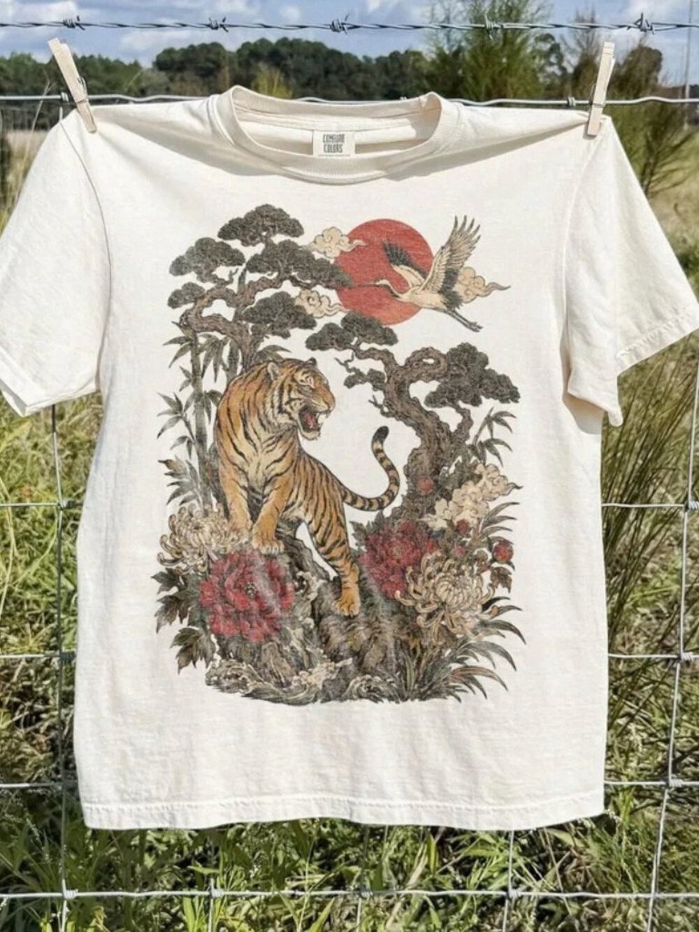 Comfort Colors Tiger Crane Red Sun Cream Graphic Tee Asian Art